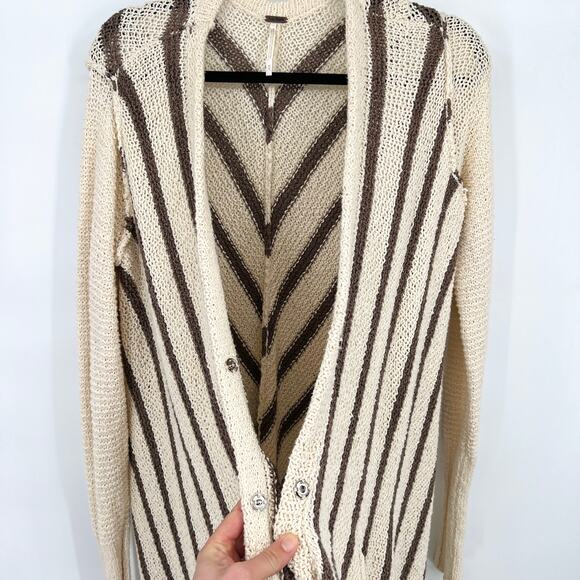 Free People Cream and Brown Striped Cardigan Sweater Women's Size Medium - Picture 5 of 10